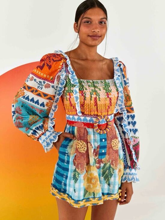 FARM Rio Pants - NEW FARM Rio Summer Stitches Romper Embroidered Patchwork Festival Small NWT